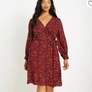 Eloquii Red & Black Leopard Print Tie Long Sleeve Wrap Midi Dress NWT